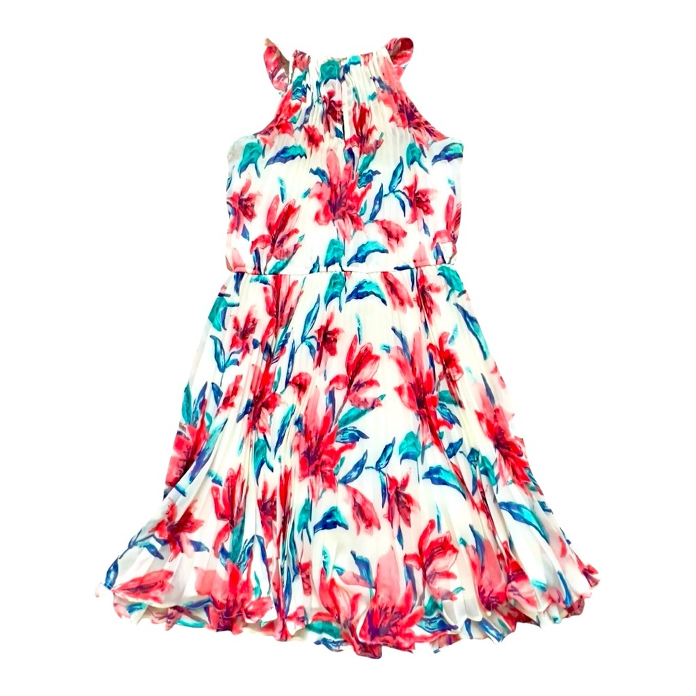 Want & Need Pleated Pink Blue Floral Romantic Sleeveless Dress Women's Size S